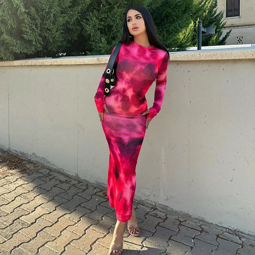 2024 Spring/Summer Tie Dyed Long sleeve Dress Women's Slim Fit Long Dress Sexy Spicy Girl Wrap Hip Skirt Casual Women's Clothing