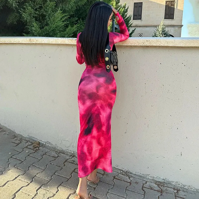 2024 Spring/Summer Tie Dyed Long sleeve Dress Women's Slim Fit Long Dress Sexy Spicy Girl Wrap Hip Skirt Casual Women's Clothing