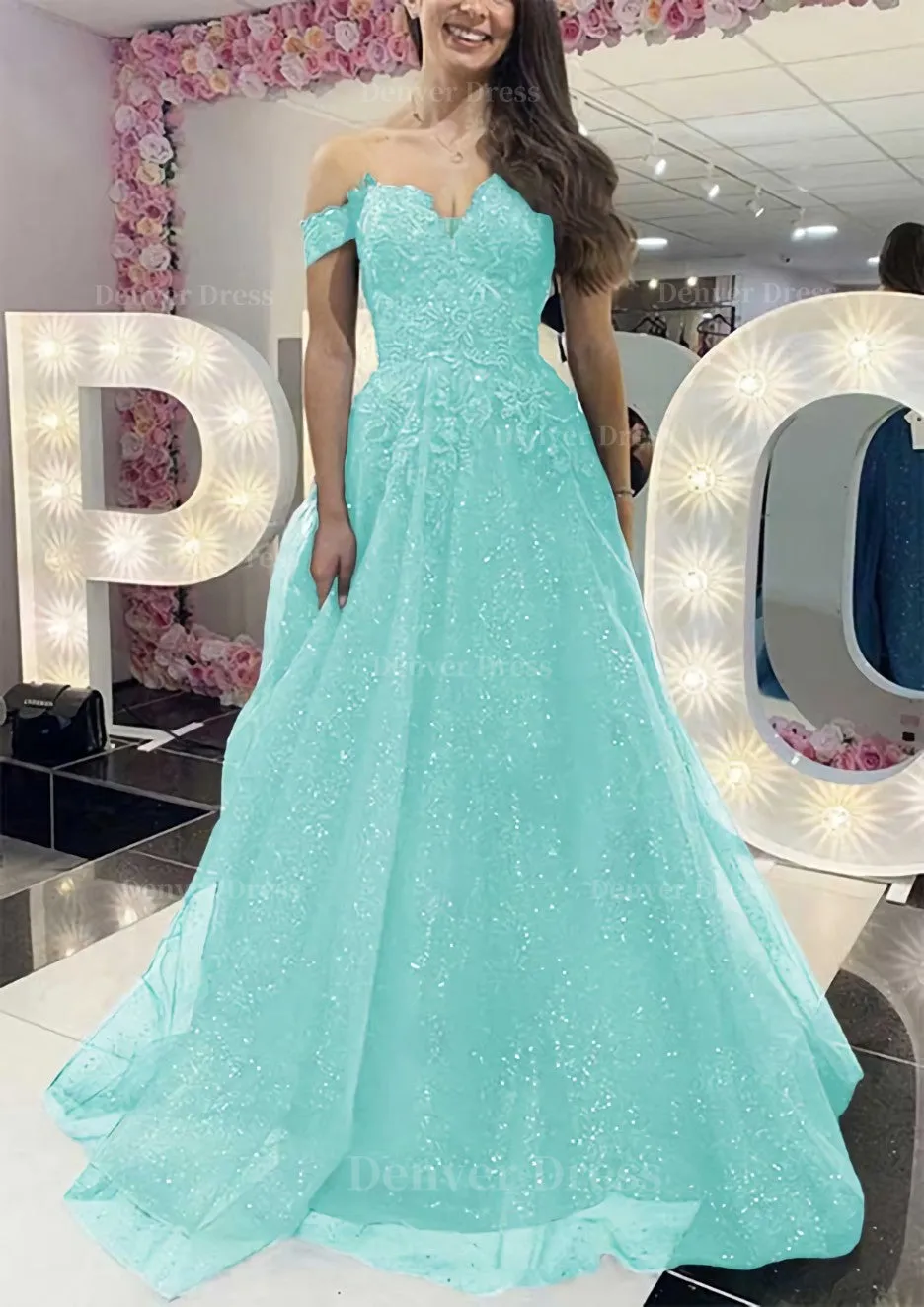 A-line Off-the-Shoulder Regular Straps Long/Floor-Length Tulle Prom Dress With Appliqued Glitter