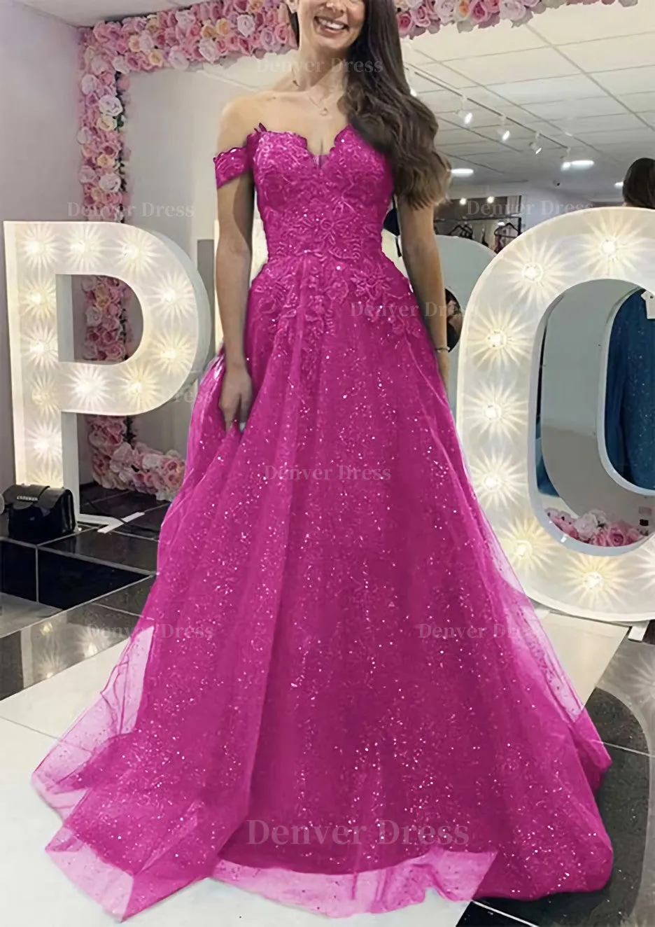 A-line Off-the-Shoulder Regular Straps Long/Floor-Length Tulle Prom Dress With Appliqued Glitter