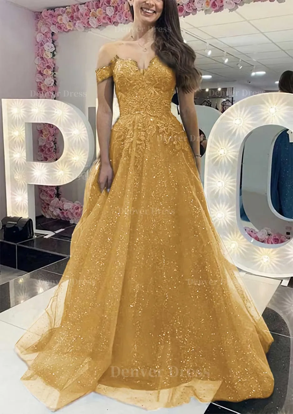 A-line Off-the-Shoulder Regular Straps Long/Floor-Length Tulle Prom Dress With Appliqued Glitter