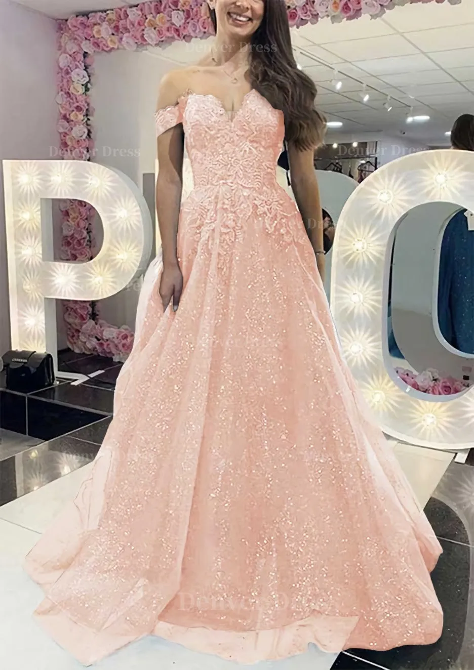 A-line Off-the-Shoulder Regular Straps Long/Floor-Length Tulle Prom Dress With Appliqued Glitter