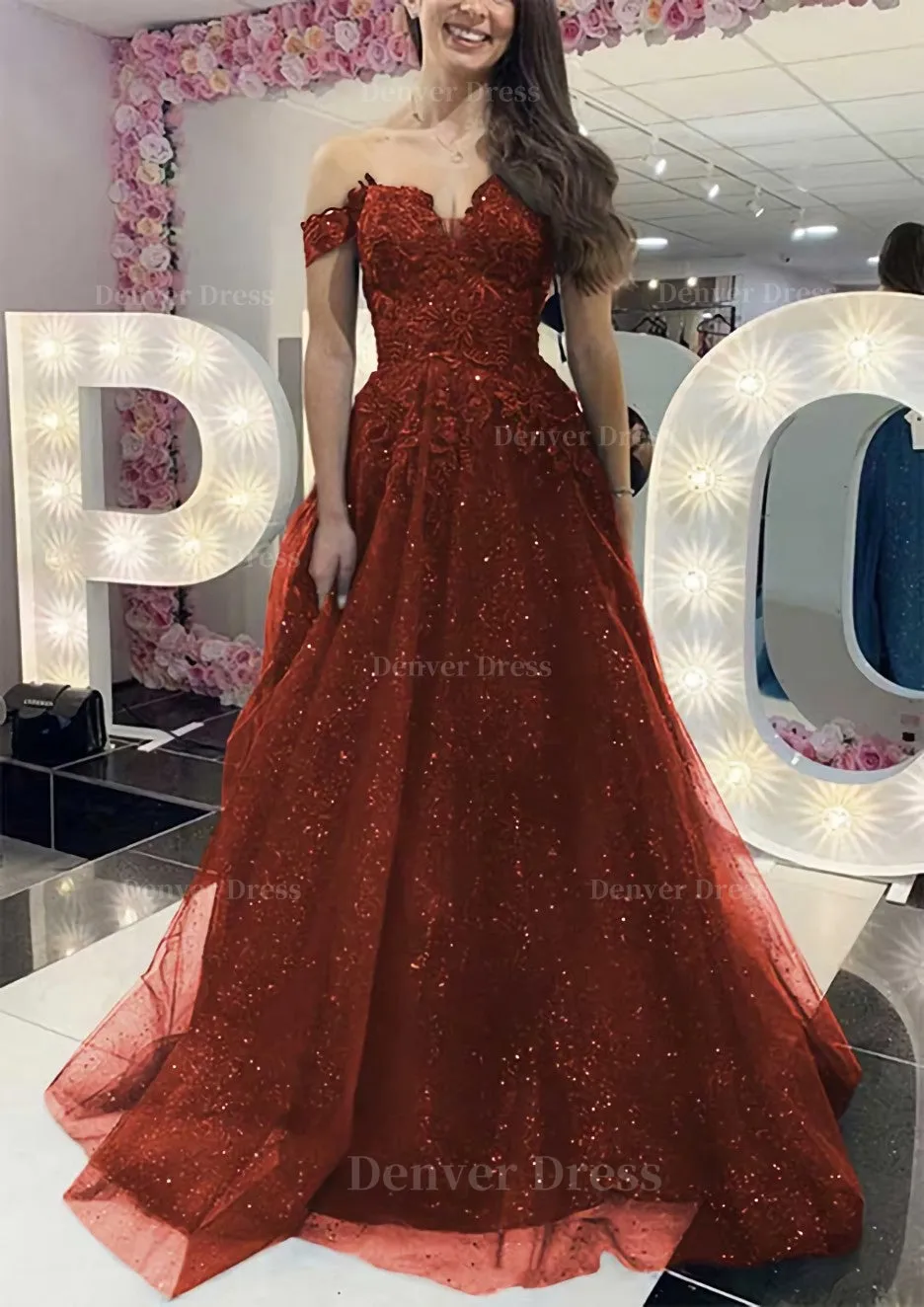 A-line Off-the-Shoulder Regular Straps Long/Floor-Length Tulle Prom Dress With Appliqued Glitter