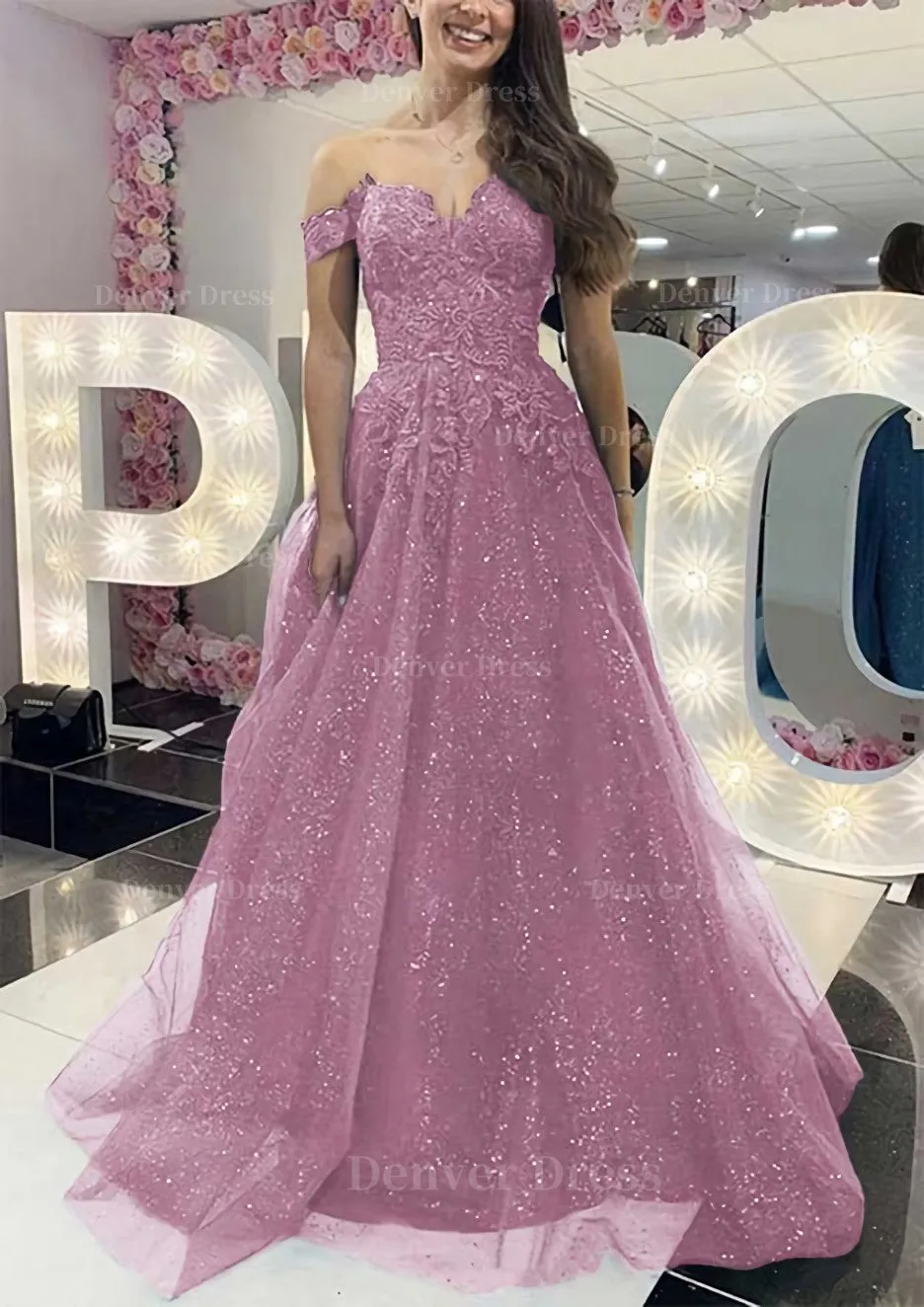 A-line Off-the-Shoulder Regular Straps Long/Floor-Length Tulle Prom Dress With Appliqued Glitter