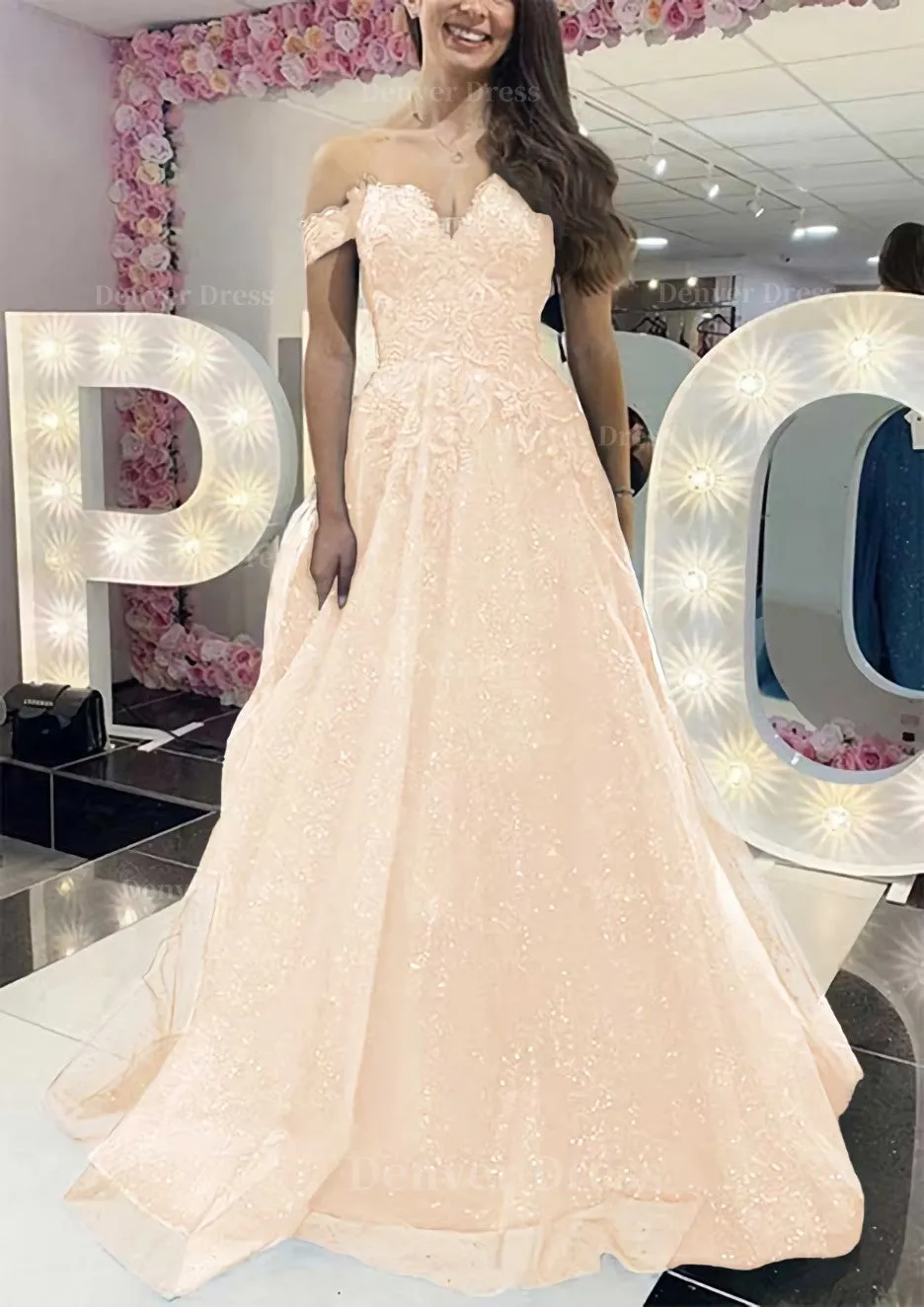 A-line Off-the-Shoulder Regular Straps Long/Floor-Length Tulle Prom Dress With Appliqued Glitter