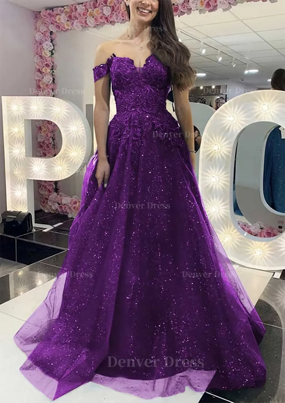 A-line Off-the-Shoulder Regular Straps Long/Floor-Length Tulle Prom Dress With Appliqued Glitter