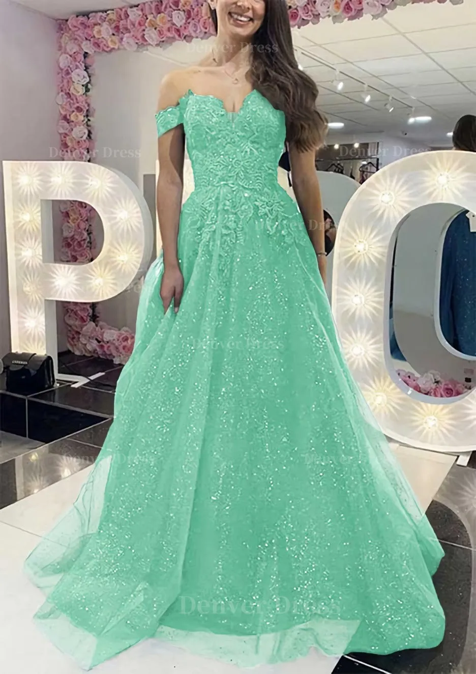 A-line Off-the-Shoulder Regular Straps Long/Floor-Length Tulle Prom Dress With Appliqued Glitter