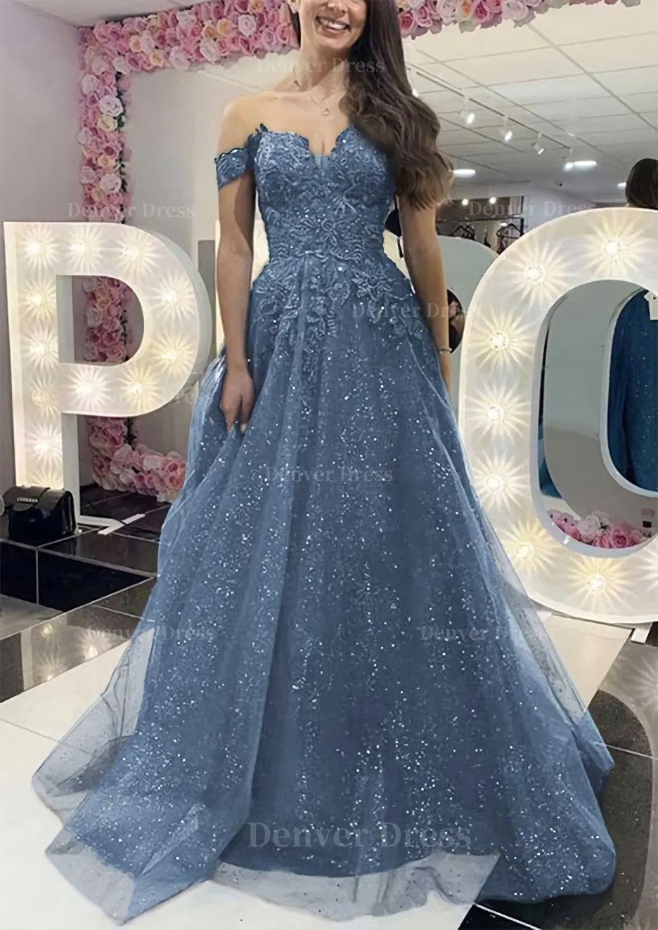 A-line Off-the-Shoulder Regular Straps Long/Floor-Length Tulle Prom Dress With Appliqued Glitter