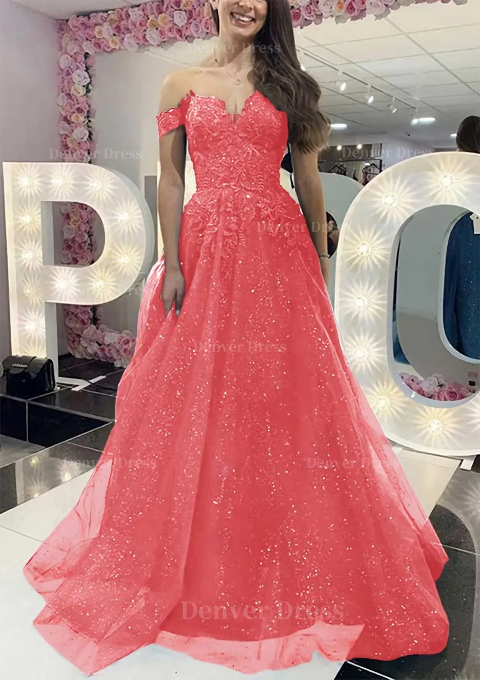 A-line Off-the-Shoulder Regular Straps Long/Floor-Length Tulle Prom Dress With Appliqued Glitter