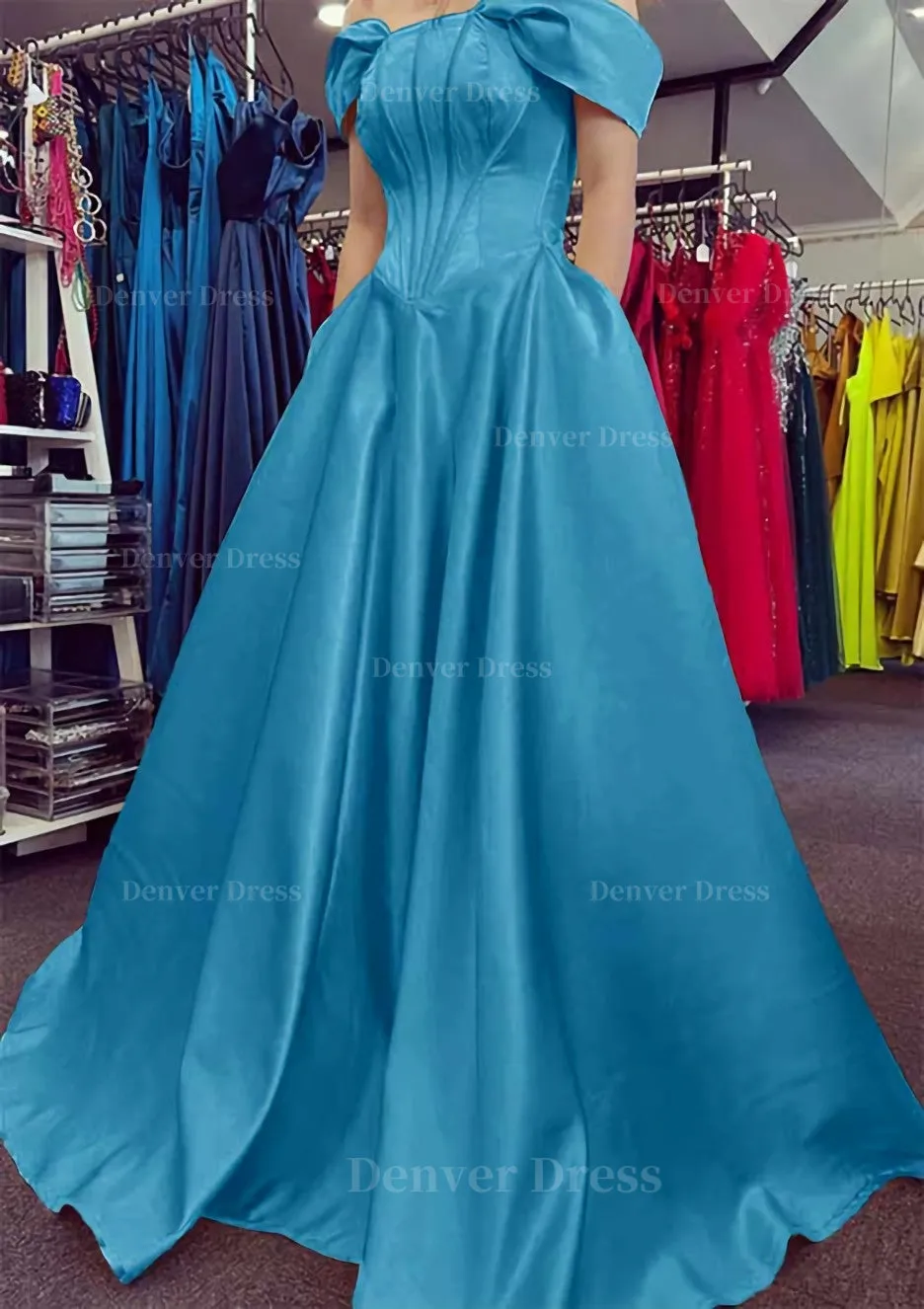 A-line Off-the-Shoulder Strapless Long/Floor-Length Satin Prom Dress With Pleated Pockets