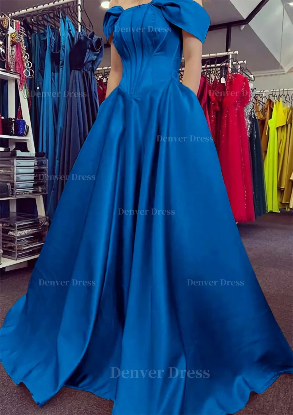 A-line Off-the-Shoulder Strapless Long/Floor-Length Satin Prom Dress With Pleated Pockets