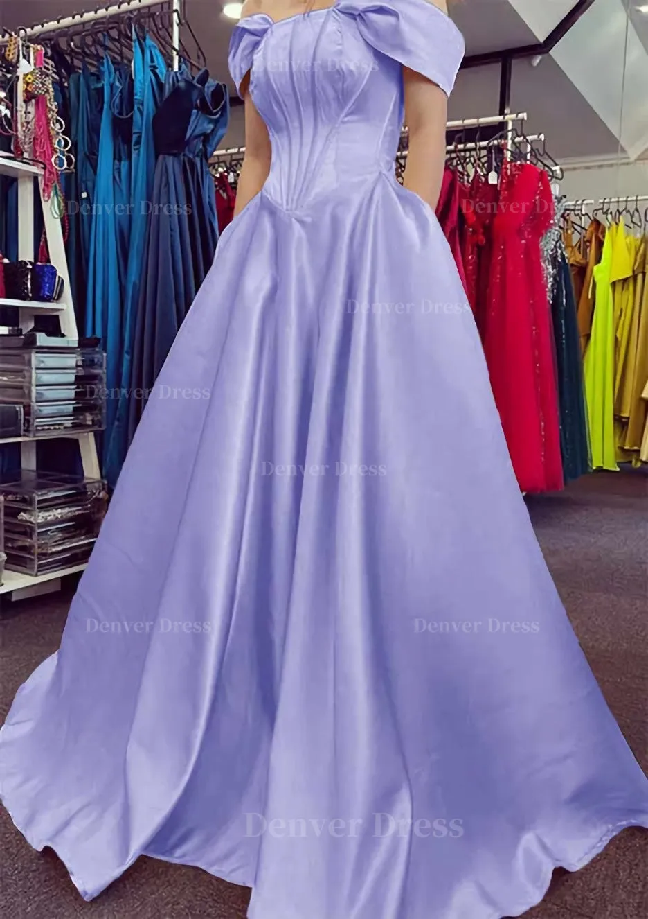 A-line Off-the-Shoulder Strapless Long/Floor-Length Satin Prom Dress With Pleated Pockets