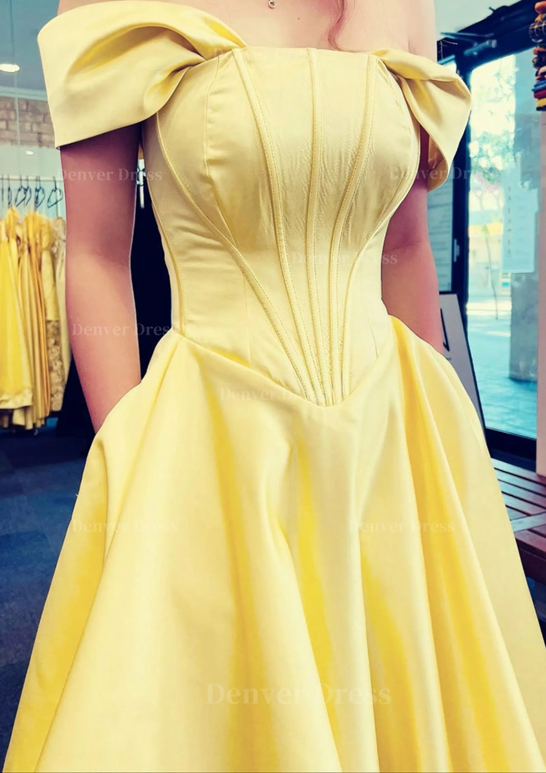 A-line Off-the-Shoulder Strapless Long/Floor-Length Satin Prom Dress With Pleated Pockets