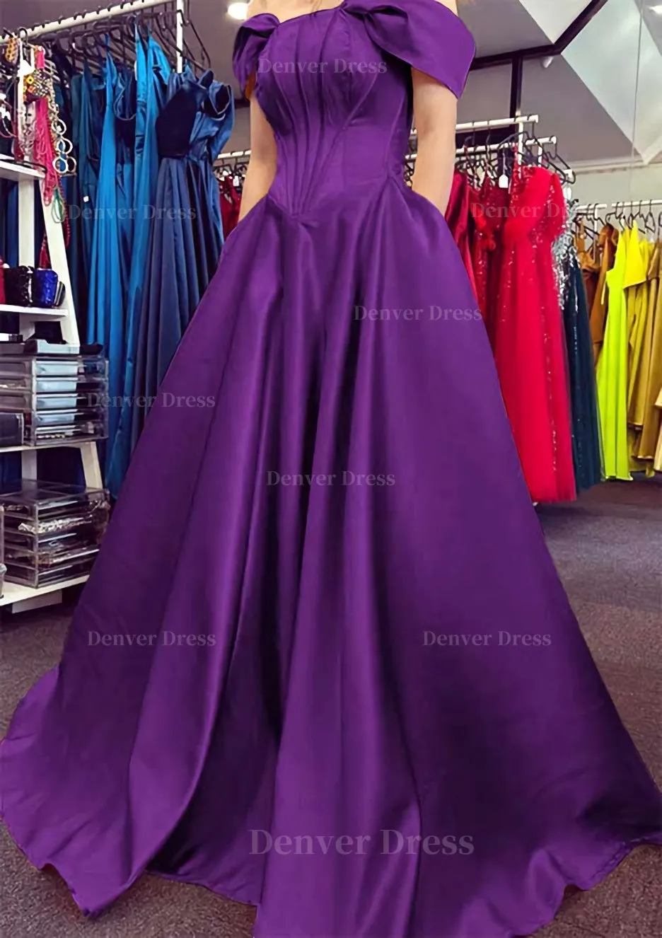 A-line Off-the-Shoulder Strapless Long/Floor-Length Satin Prom Dress With Pleated Pockets