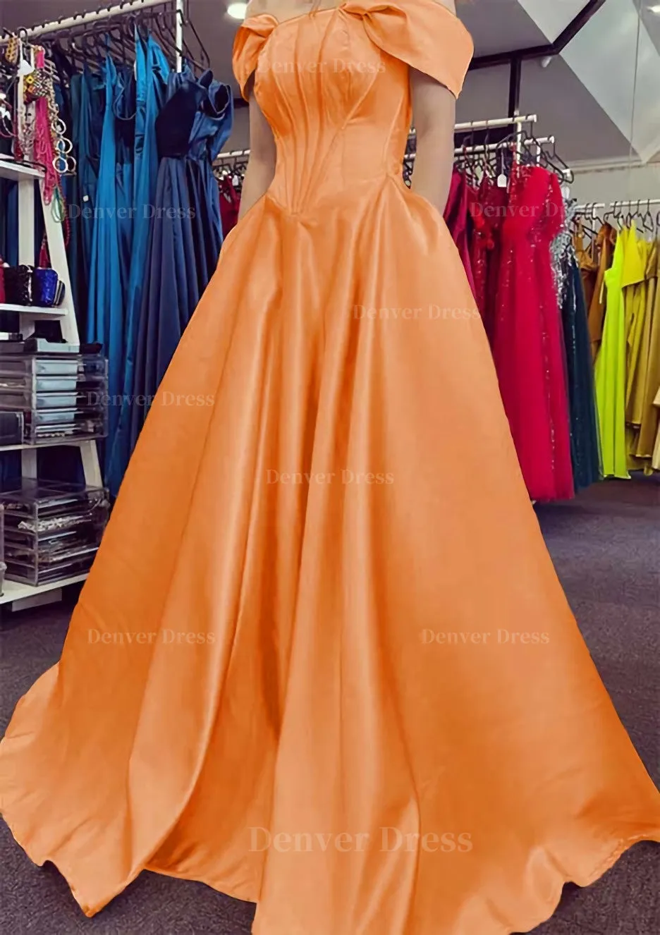 A-line Off-the-Shoulder Strapless Long/Floor-Length Satin Prom Dress With Pleated Pockets