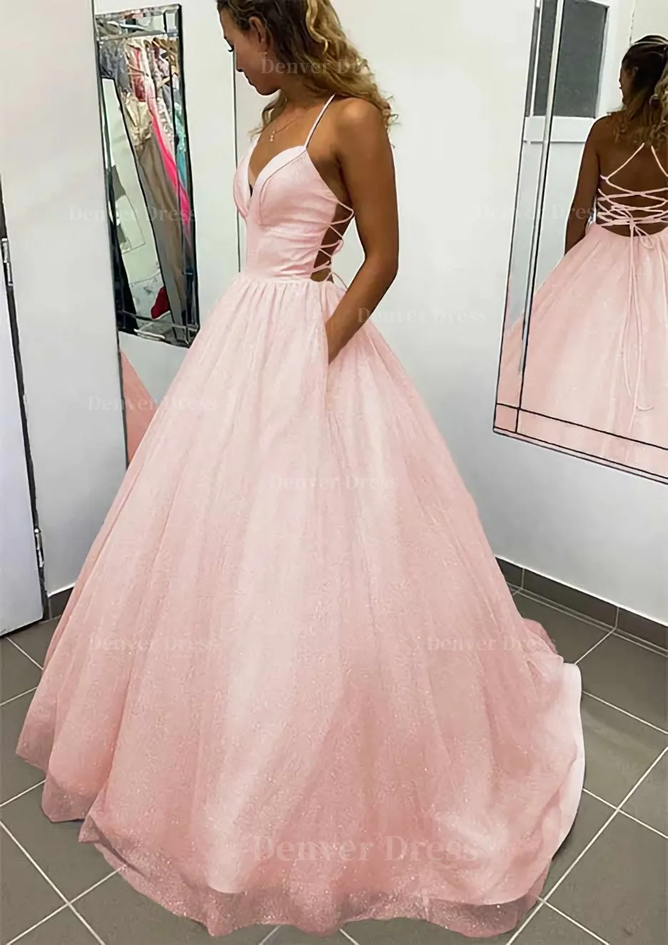 A-line V Neck Spaghetti Straps Long/Floor-Length Glitter Prom Dress With Pockets