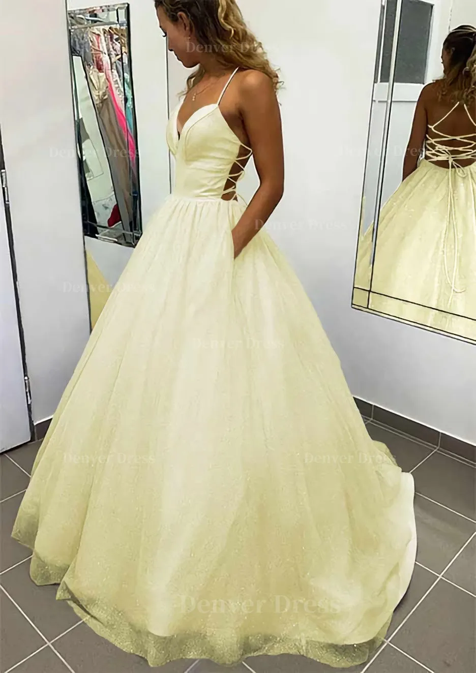 A-line V Neck Spaghetti Straps Long/Floor-Length Glitter Prom Dress With Pockets