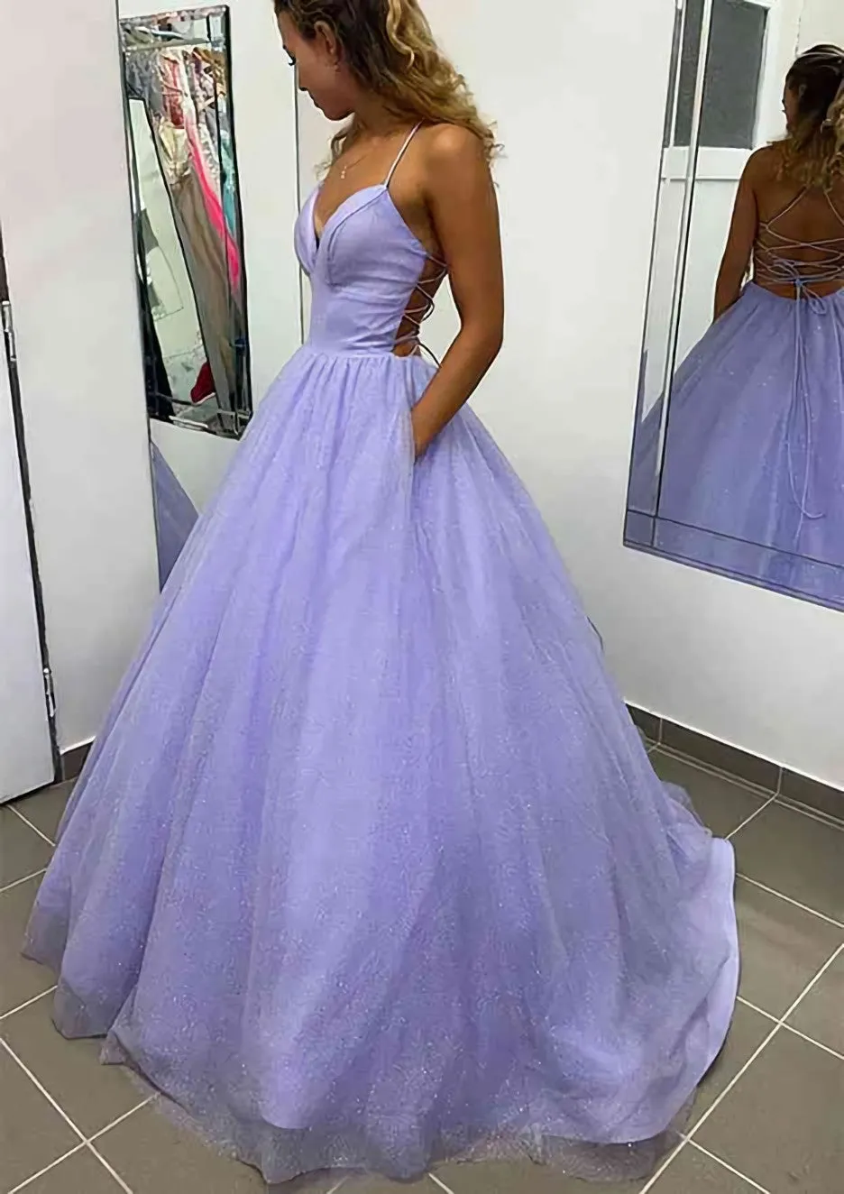 A-line V Neck Spaghetti Straps Long/Floor-Length Glitter Prom Dress With Pockets