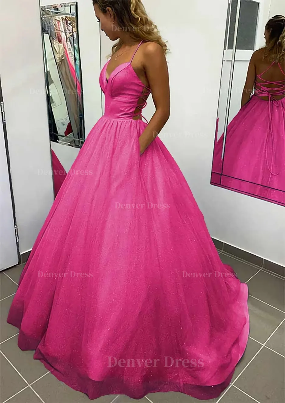 A-line V Neck Spaghetti Straps Long/Floor-Length Glitter Prom Dress With Pockets