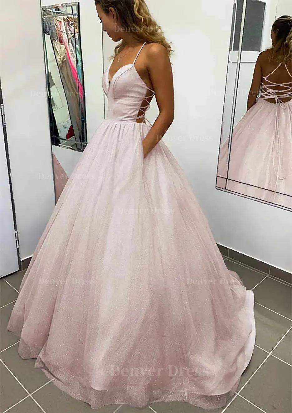 A-line V Neck Spaghetti Straps Long/Floor-Length Glitter Prom Dress With Pockets