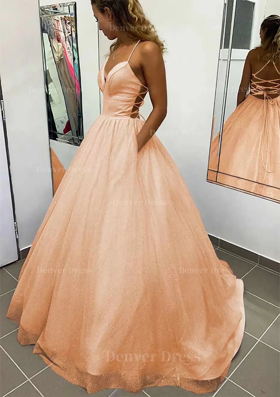 A-line V Neck Spaghetti Straps Long/Floor-Length Glitter Prom Dress With Pockets