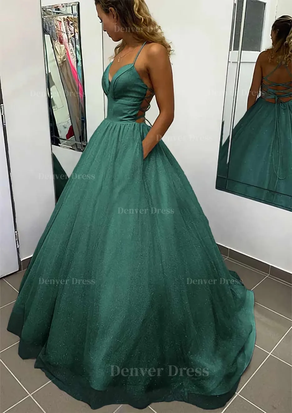 A-line V Neck Spaghetti Straps Long/Floor-Length Glitter Prom Dress With Pockets