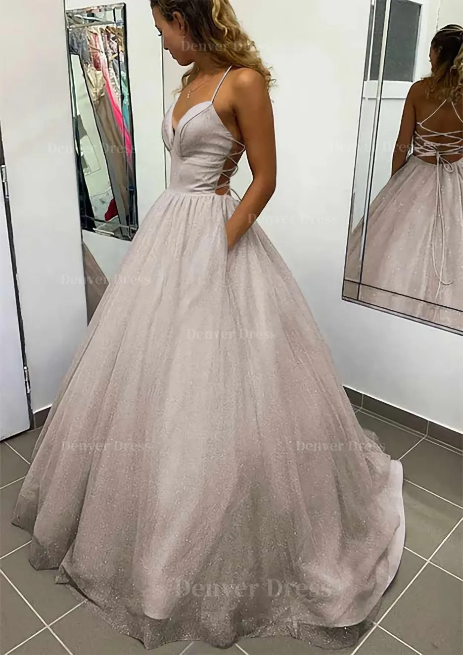 A-line V Neck Spaghetti Straps Long/Floor-Length Glitter Prom Dress With Pockets