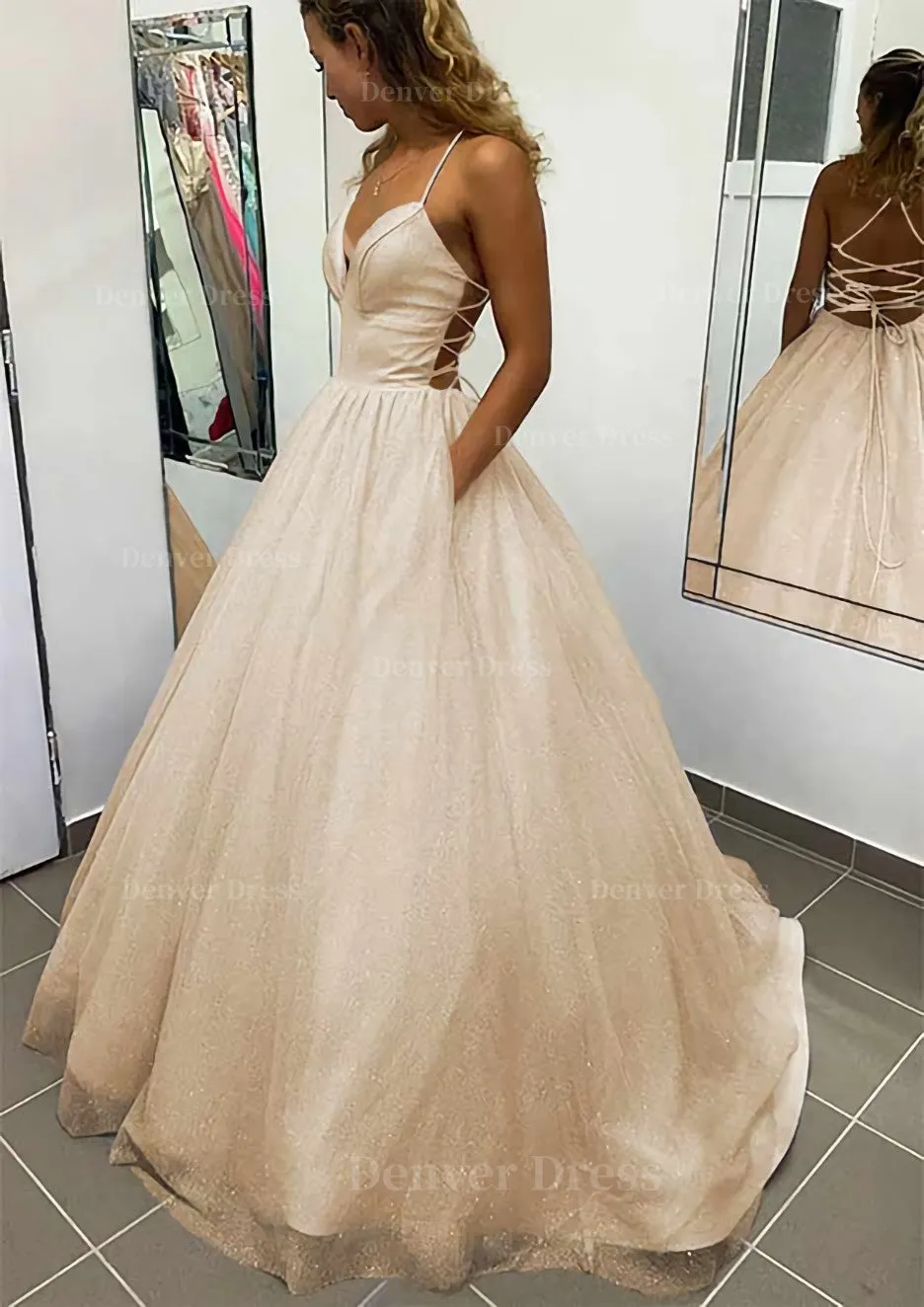 A-line V Neck Spaghetti Straps Long/Floor-Length Glitter Prom Dress With Pockets