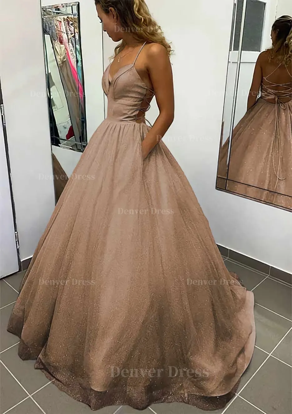 A-line V Neck Spaghetti Straps Long/Floor-Length Glitter Prom Dress With Pockets