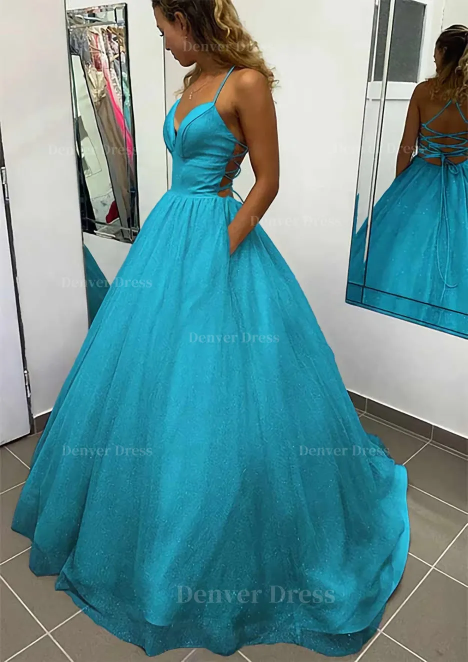 A-line V Neck Spaghetti Straps Long/Floor-Length Glitter Prom Dress With Pockets