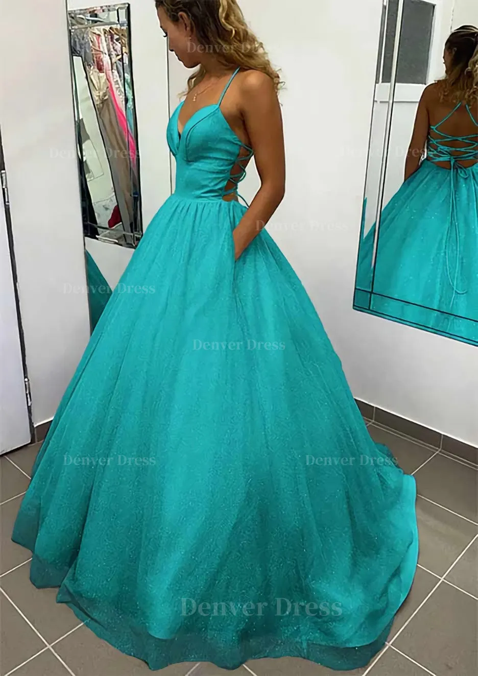 A-line V Neck Spaghetti Straps Long/Floor-Length Glitter Prom Dress With Pockets