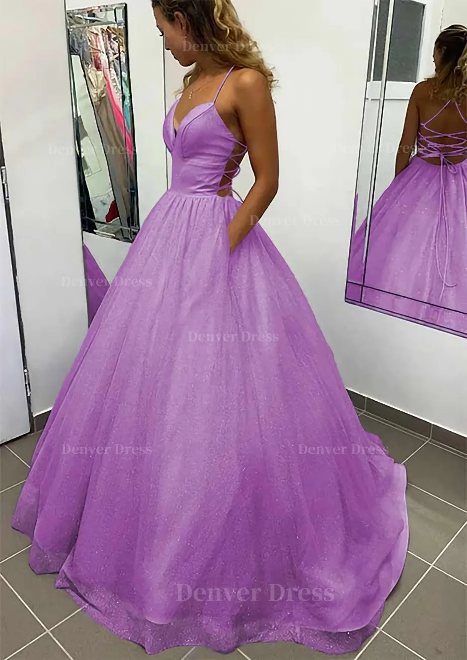 A-line V Neck Spaghetti Straps Long/Floor-Length Glitter Prom Dress With Pockets