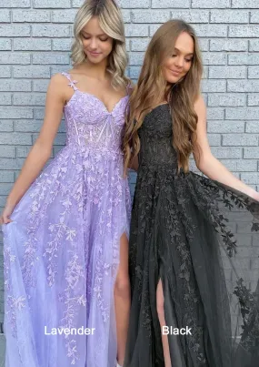 A-line V Neck Spaghetti Straps Long/Floor-Length Lace Prom Dress With Split