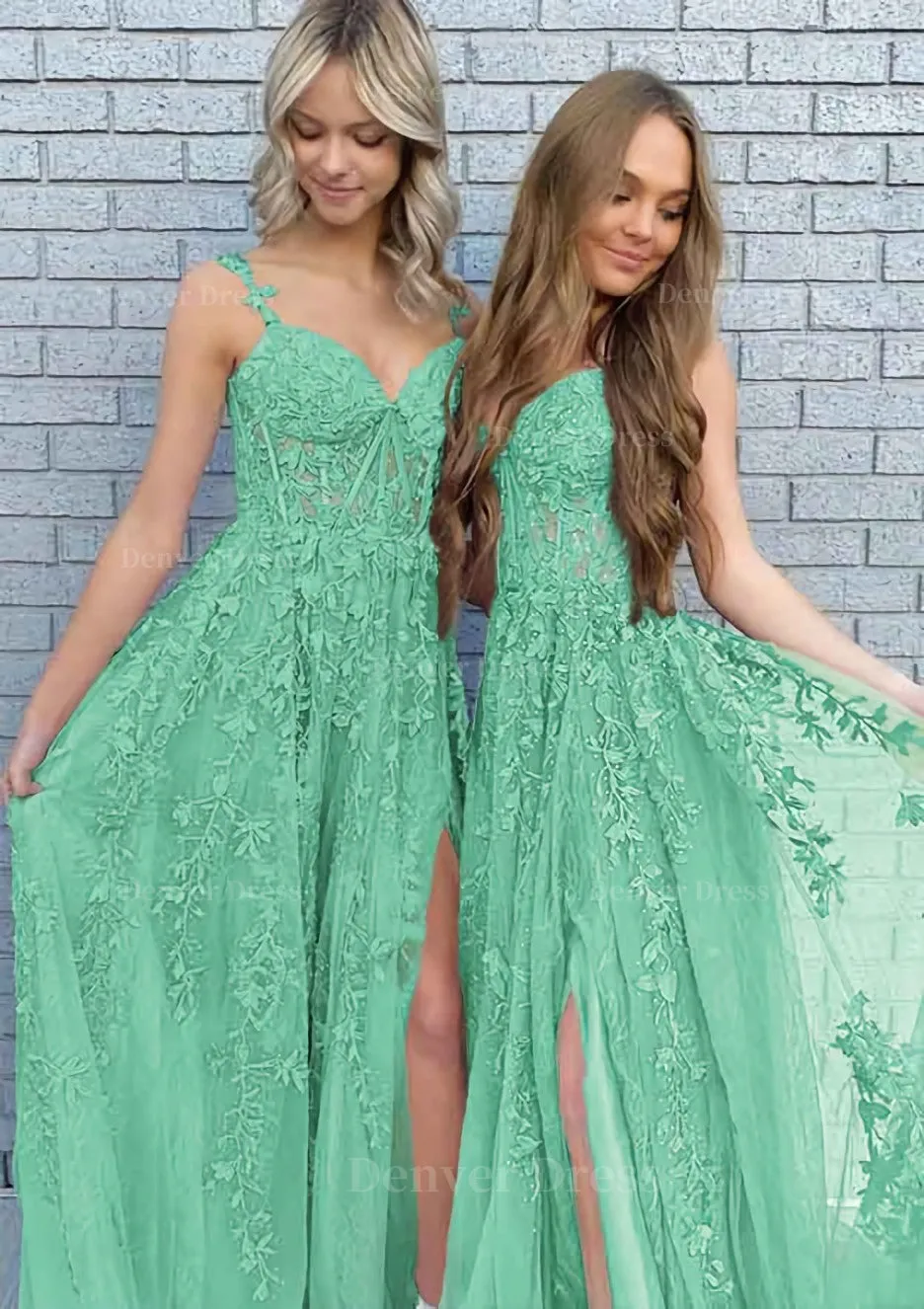 A-line V Neck Spaghetti Straps Long/Floor-Length Lace Prom Dress With Split