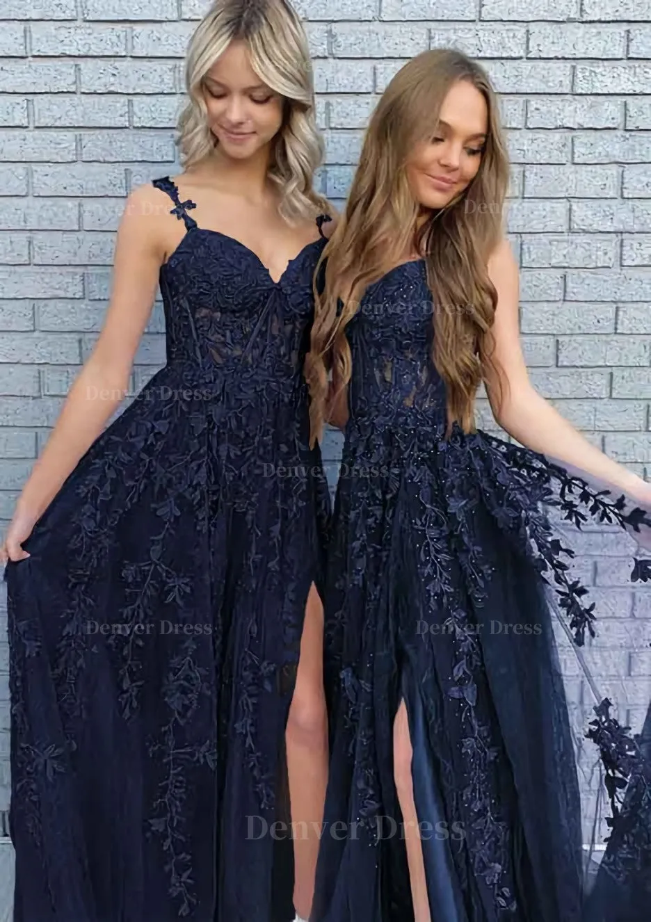 A-line V Neck Spaghetti Straps Long/Floor-Length Lace Prom Dress With Split