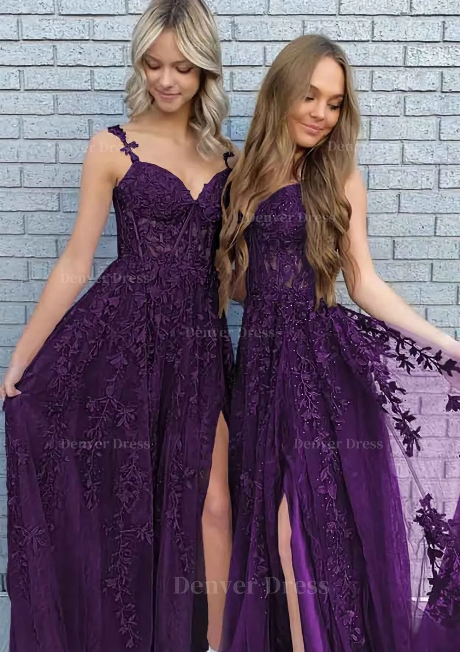 A-line V Neck Spaghetti Straps Long/Floor-Length Lace Prom Dress With Split