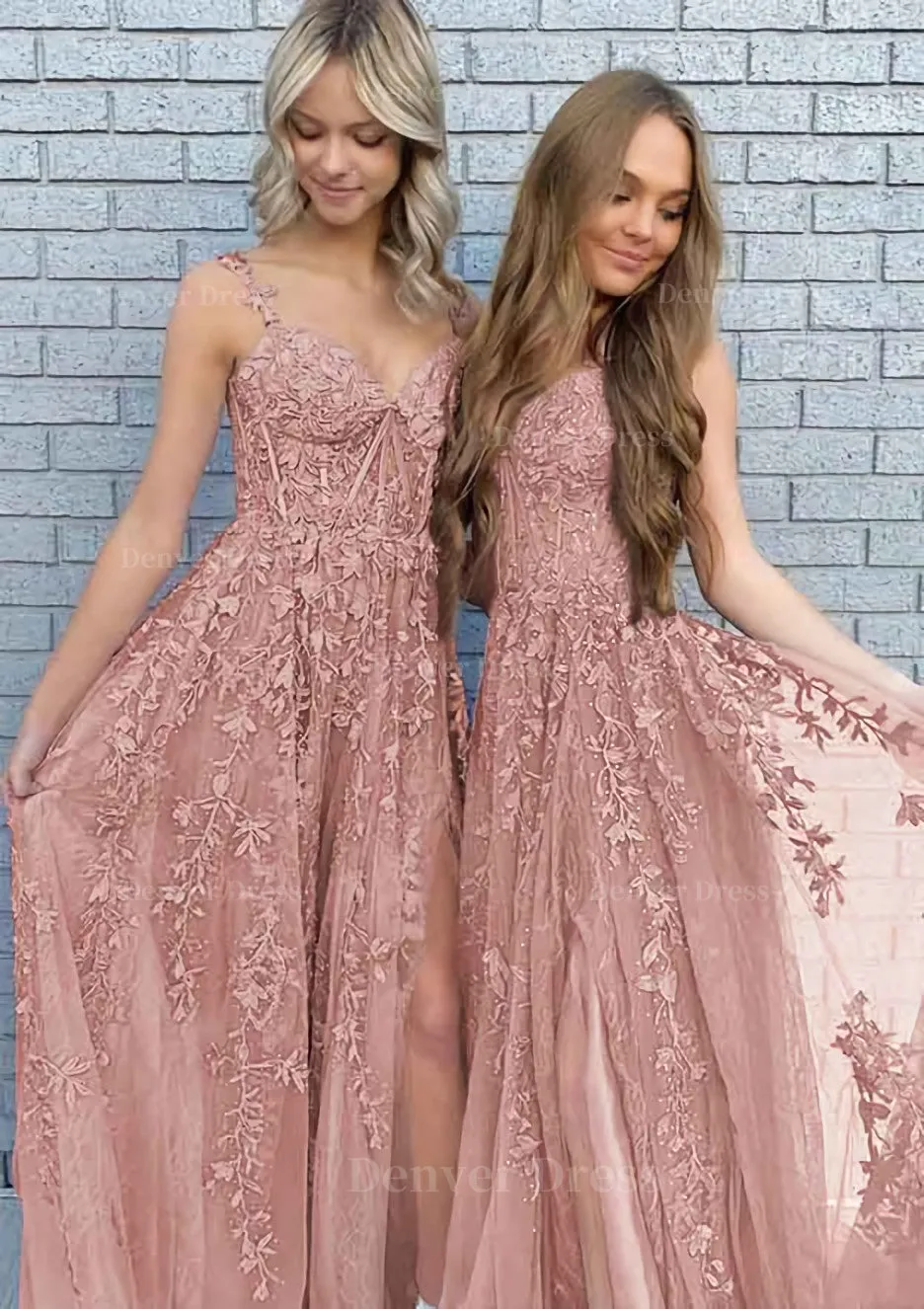 A-line V Neck Spaghetti Straps Long/Floor-Length Lace Prom Dress With Split