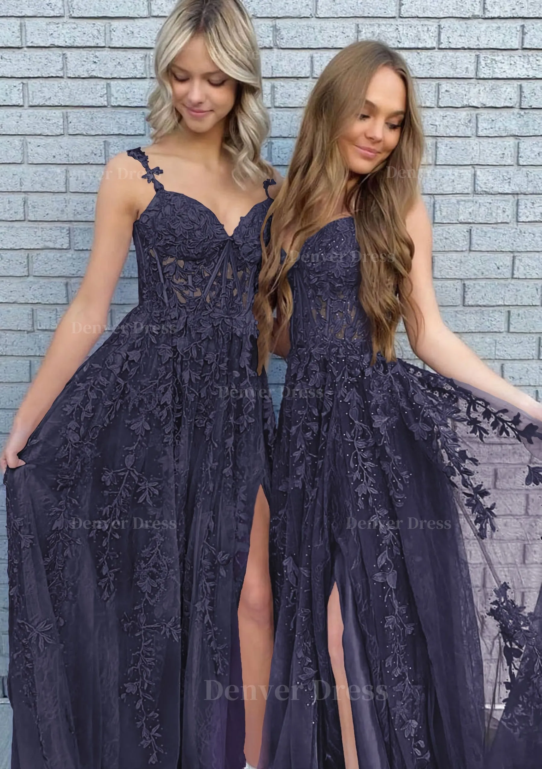 A-line V Neck Spaghetti Straps Long/Floor-Length Lace Prom Dress With Split