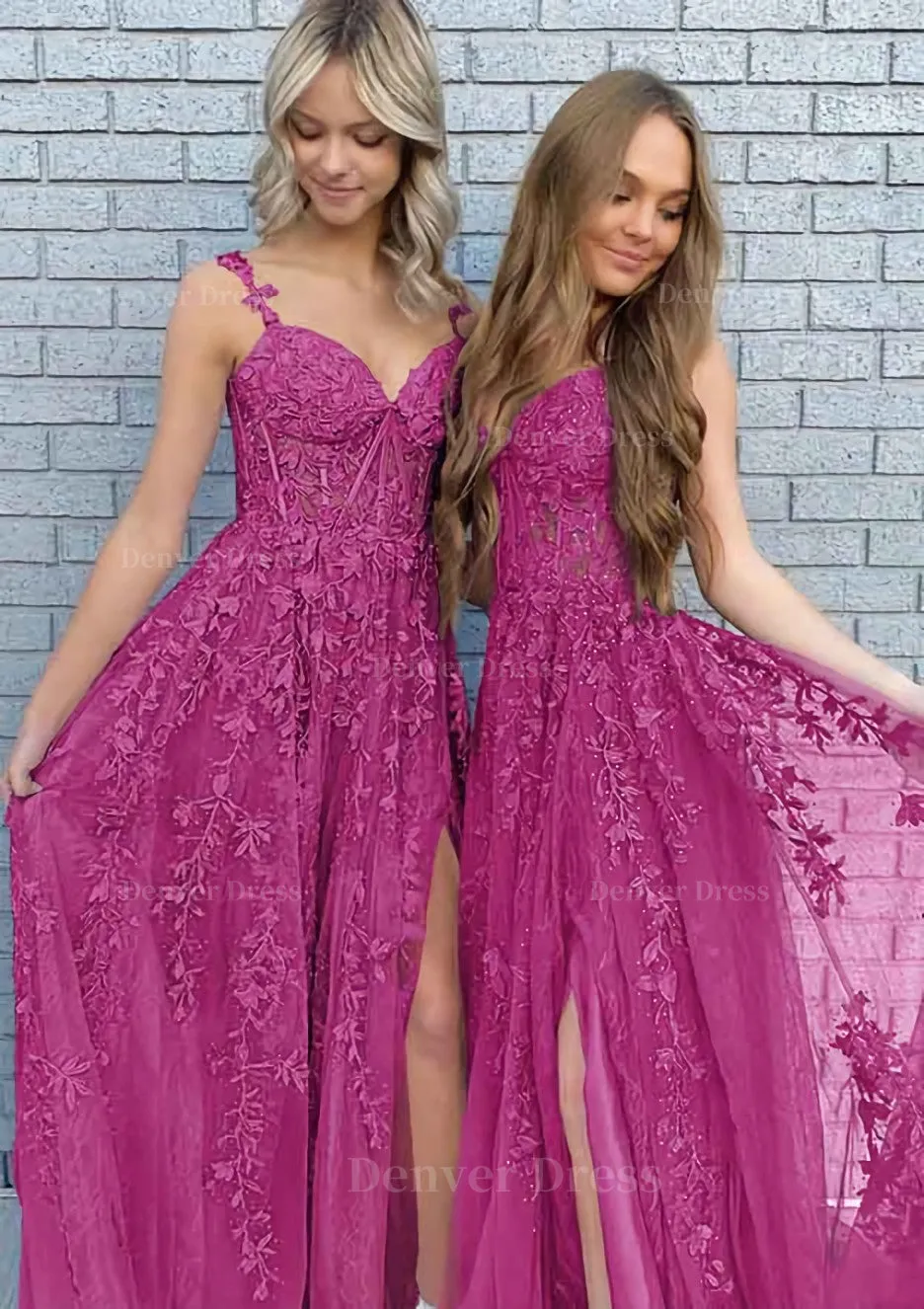 A-line V Neck Spaghetti Straps Long/Floor-Length Lace Prom Dress With Split