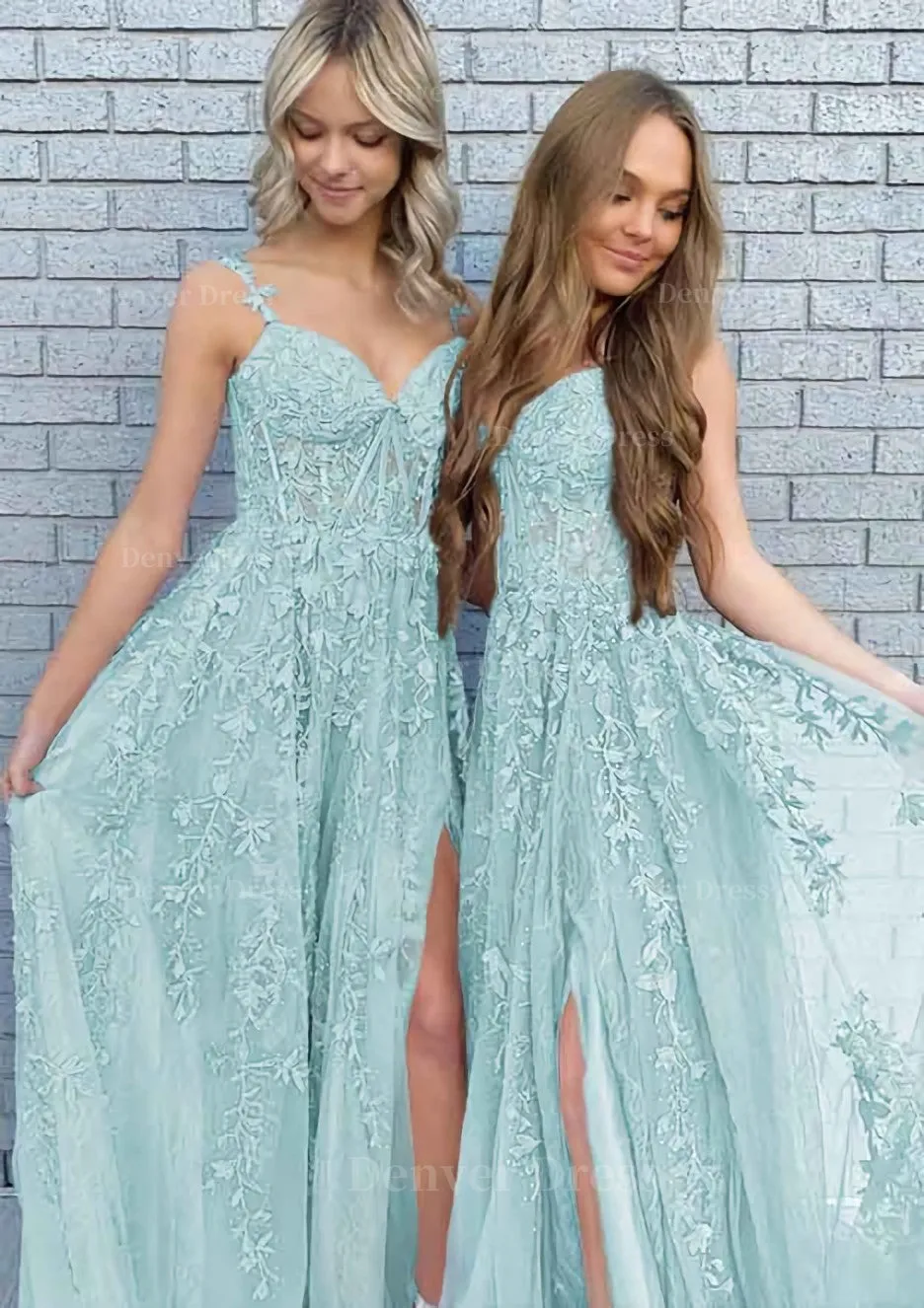 A-line V Neck Spaghetti Straps Long/Floor-Length Lace Prom Dress With Split