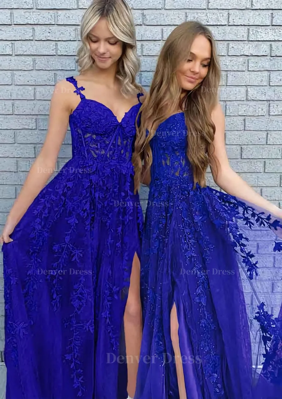 A-line V Neck Spaghetti Straps Long/Floor-Length Lace Prom Dress With Split