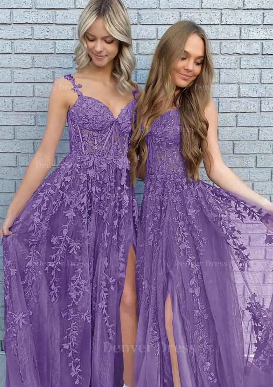 A-line V Neck Spaghetti Straps Long/Floor-Length Lace Prom Dress With Split