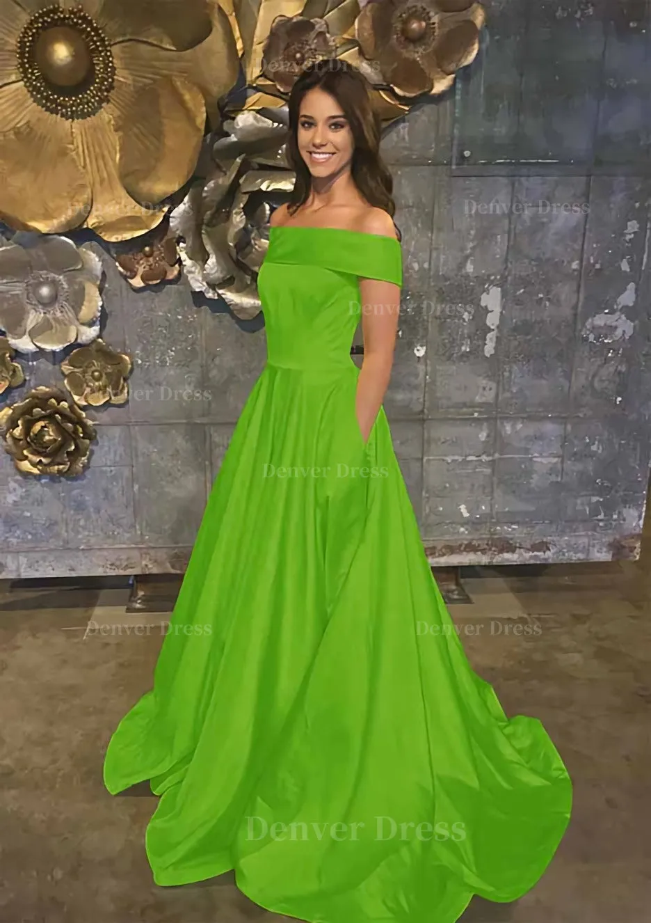 A-line/Princess Off-the-Shoulder Sleeveless Sweep Train Satin Prom Dress With Low Back