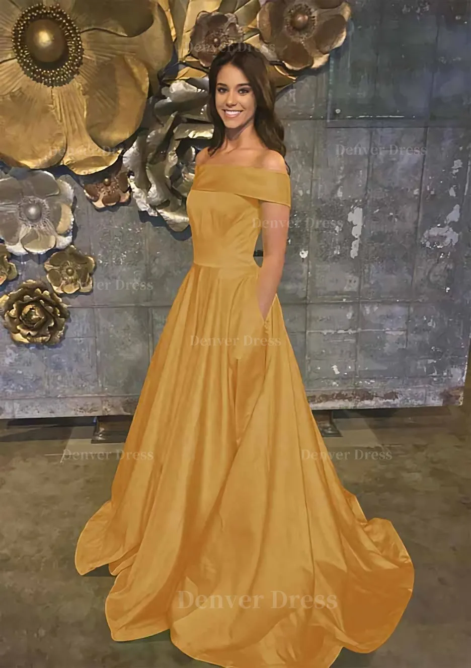 A-line/Princess Off-the-Shoulder Sleeveless Sweep Train Satin Prom Dress With Low Back