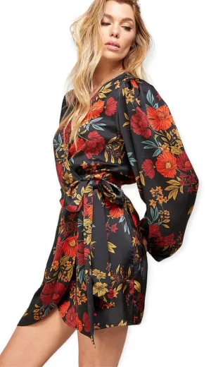 April's Black Floral Satin Wrap Dress