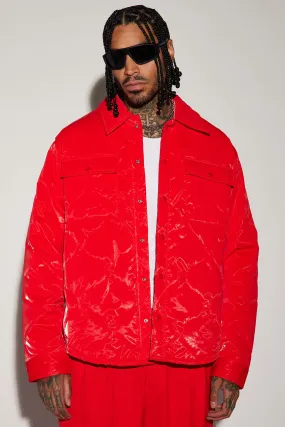 Aspen Quilted Gloss Nylon Shacket - Red