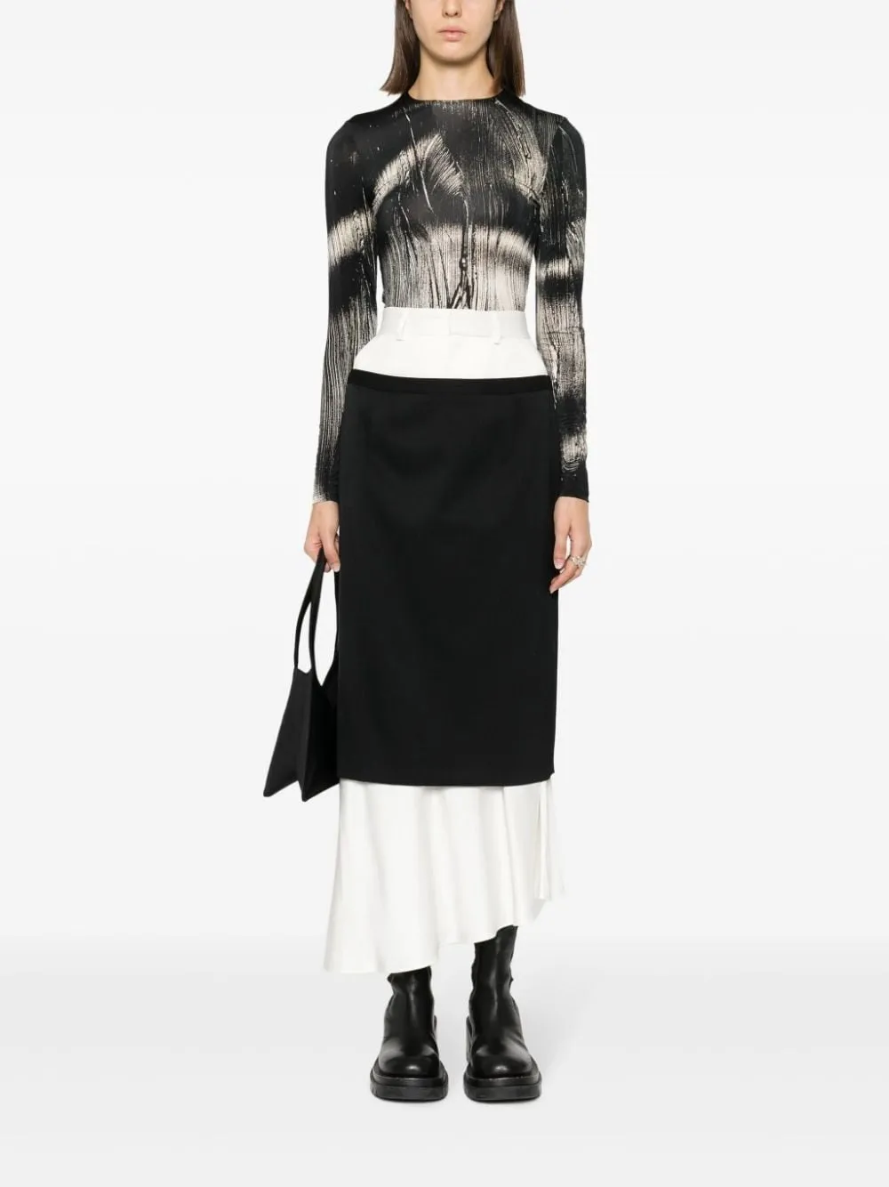 ASYMMETRIC LAYERED VIRGIN WOOL BLEND MIDI SKIRT