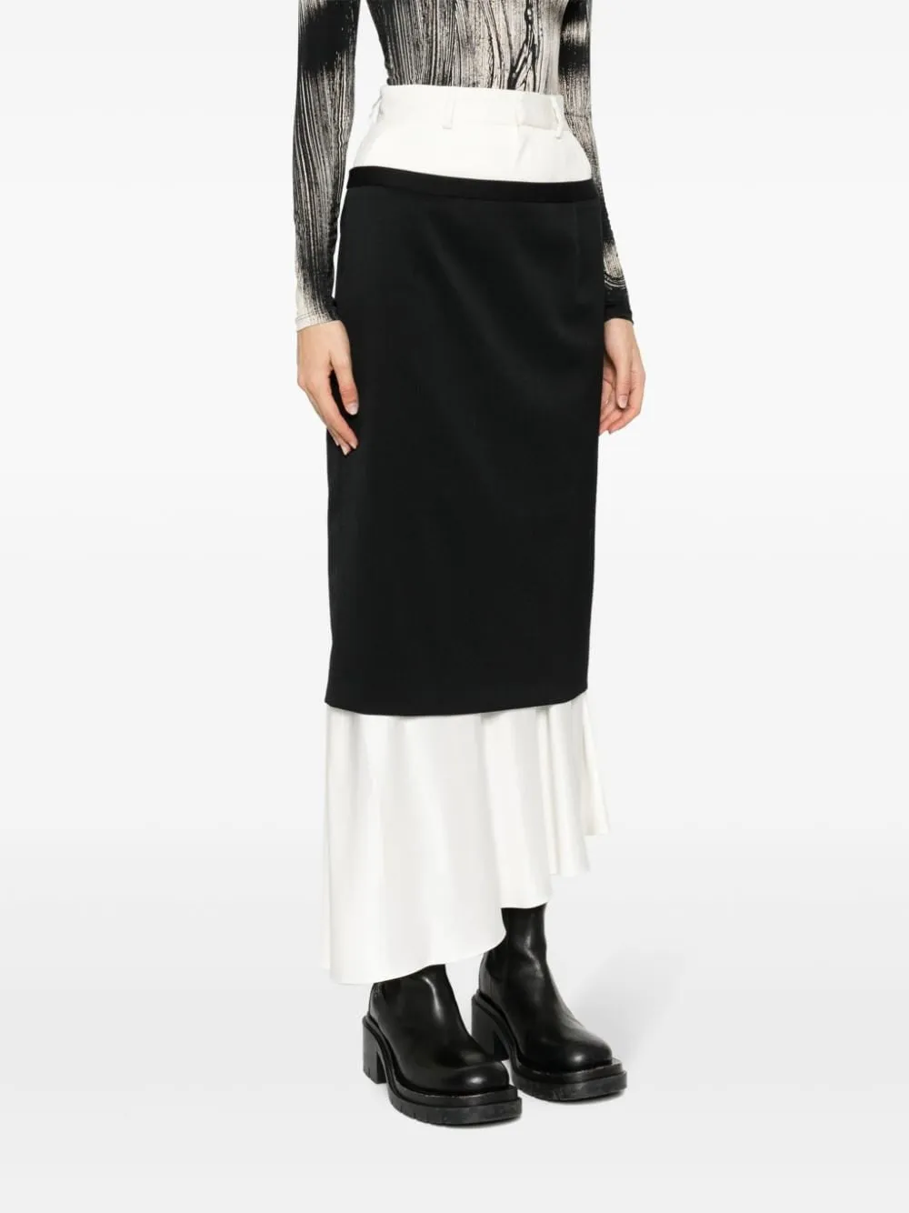 ASYMMETRIC LAYERED VIRGIN WOOL BLEND MIDI SKIRT