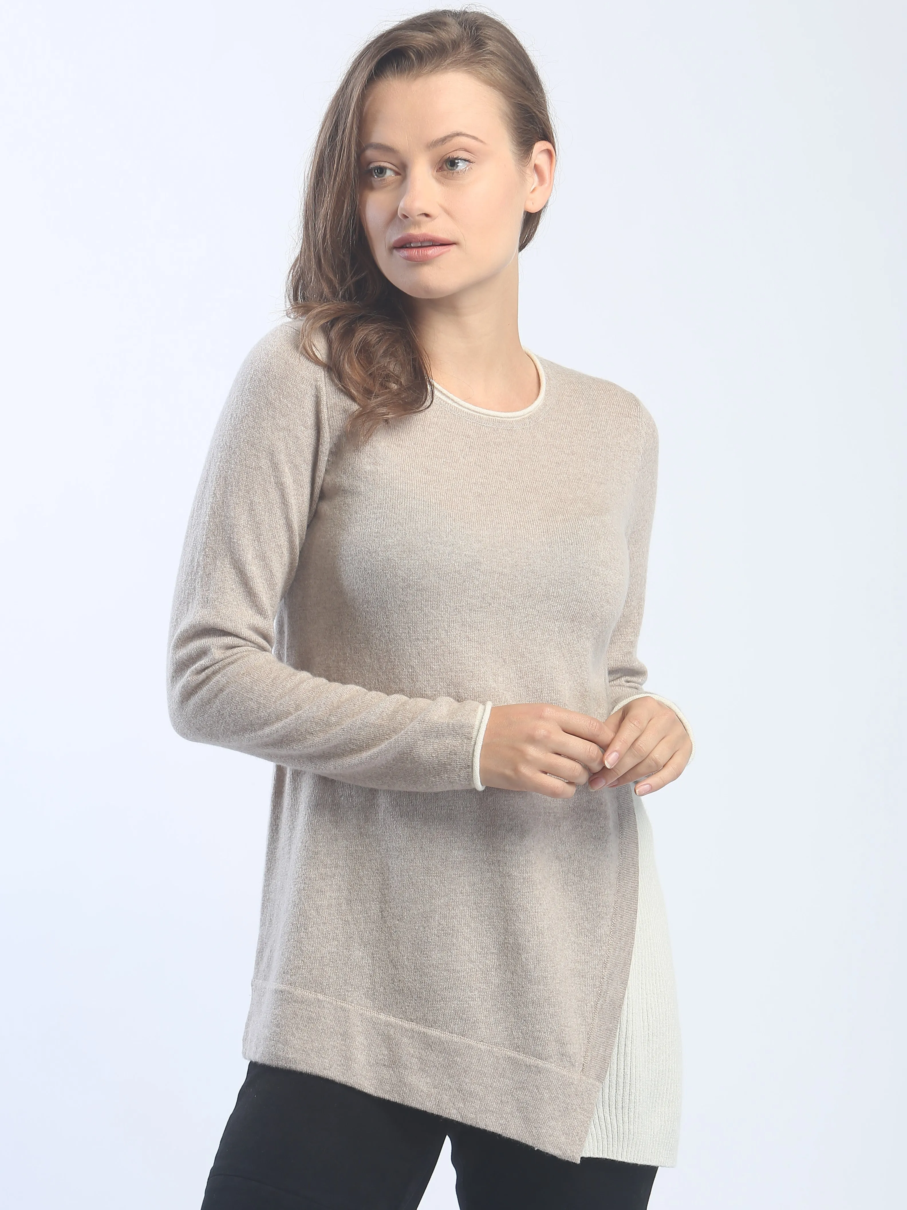 Asymmetrical Side Detailed Crewneck in Cashmere