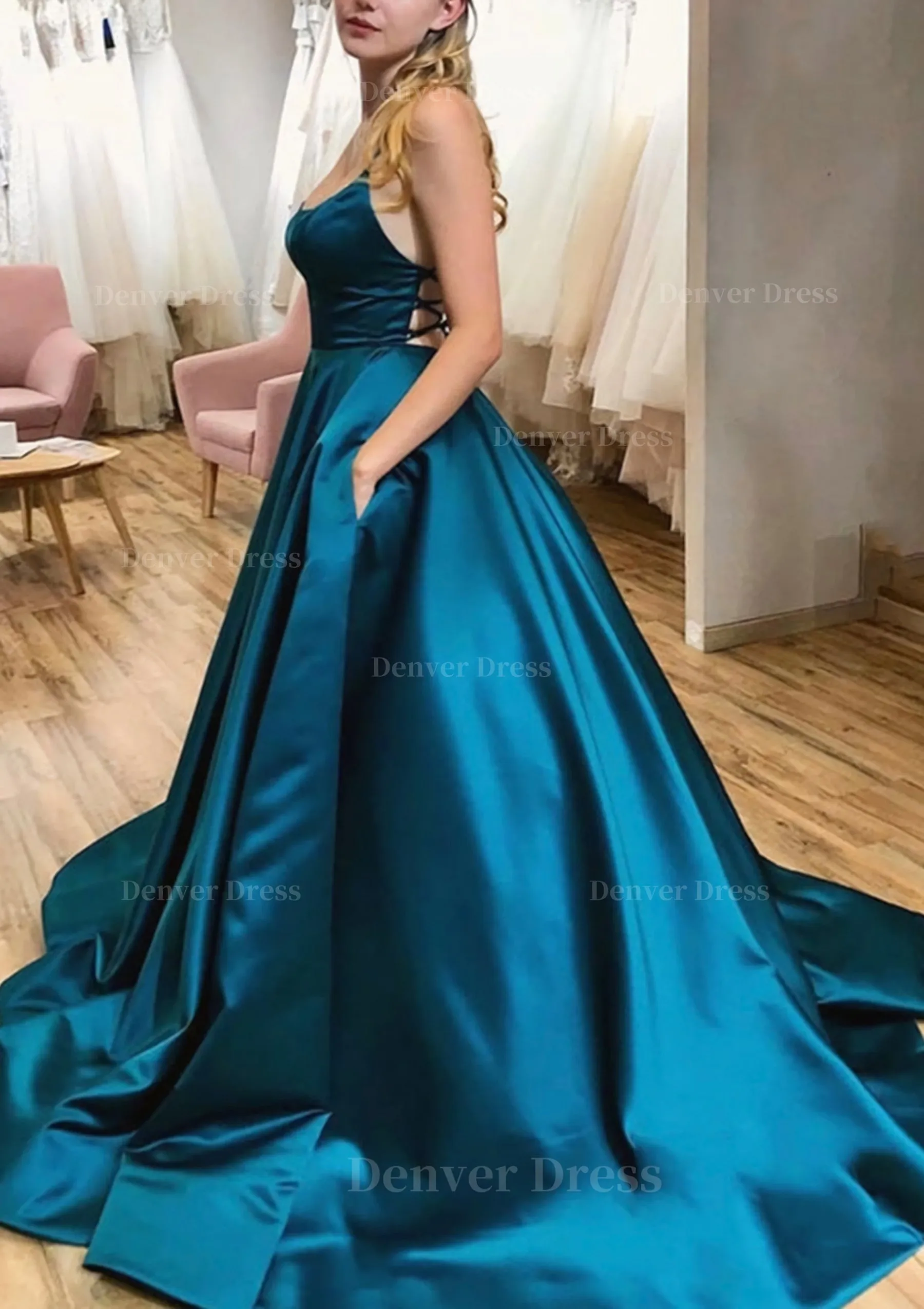 Ball Gown A-line Square Neckline Spaghetti Straps Sweep Train Satin Prom Dress With Pleated Pockets